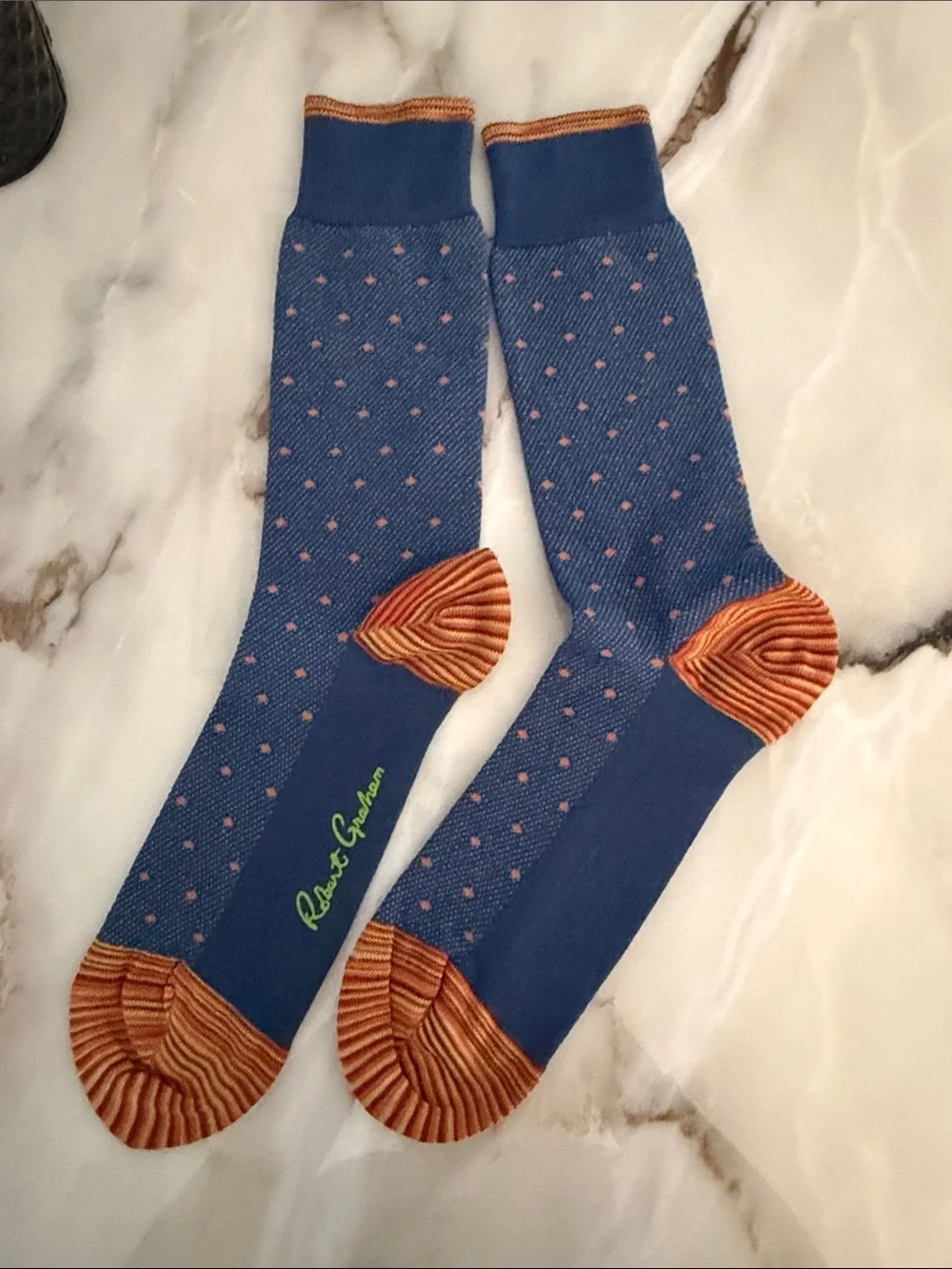 Robert Graham Blue Polka Dot Crew Socks with Rust Accents